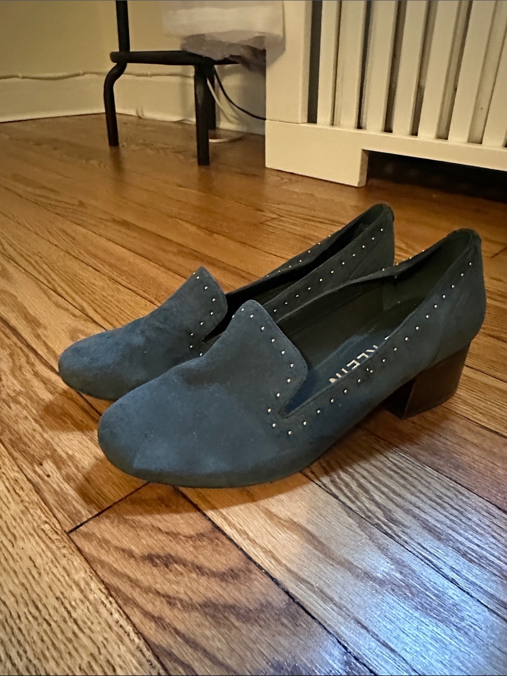 Anne Klein Teal Suede Studded Low Block Heel Loafers